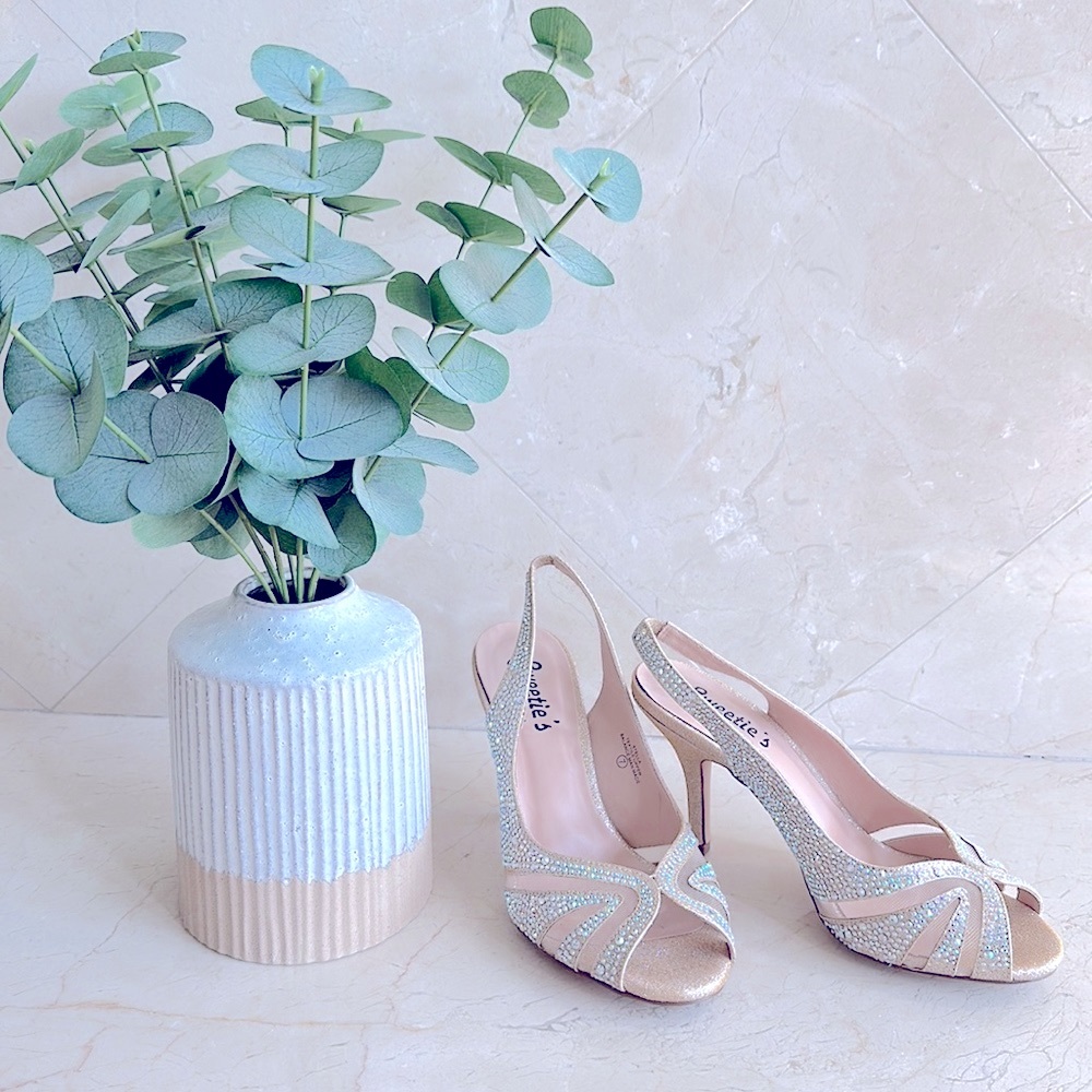 Sweeties Shoe Collection: Swarovski crystal peep toe gold nude shoe, size 7